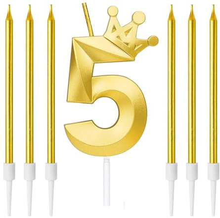 Zwenjuan Geburtstag Kerzen,3D Zahlen Geburtstagskerzen,Anzahl 5 Kerze mit Kronendekor mit 6Pc Langen Kerzen Kerzen Geburtstag,Kerzen Geburtstag Zahl für Kuchen Geburtstag Jahrestag Partys