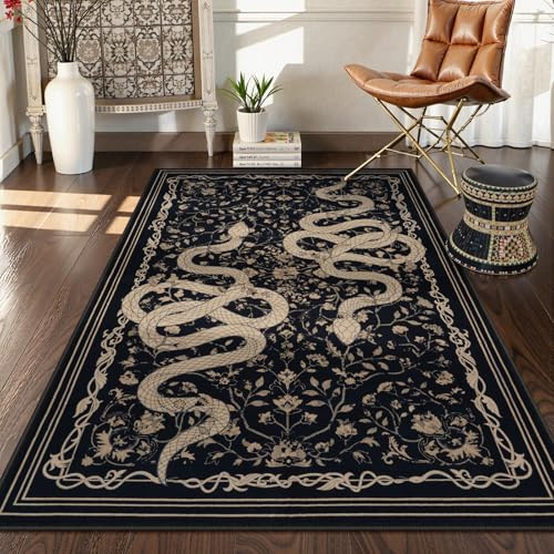 LIVEBOX Washable Area Rug 3x5, Snake Entryway Rugs, Soft Carpet for Bedroom with Non-Slip Backing, Black Rug for Kitchen Laundry Room
