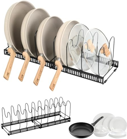 WEELOO Pan Organiser Cupboard Storage Rack, Chopping Board Holder Expandablepan Lid Holder with 10 Adjustable Separators, Kitchen Storage Rack Multi-Functional Desktop Retractable Pot Lid Rack