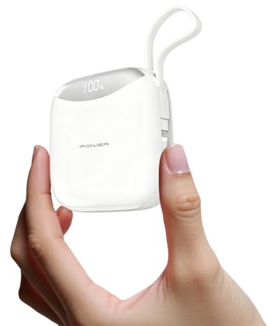 Power Bank Klein PD20W QC22.5W Schnelllade 10000mAh Powerbank mit Integrierte Kabel, USB-C & USB-A Ausgängen, Klein Aber Stark Externe handyakkus für iPhone 16 13 XS Samsung S23 usw, Weiß