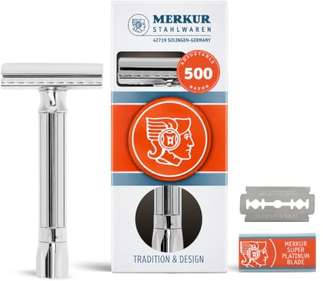 MERKUR Einstellbarer Rasierhobel 500C - Chrom | Klassiker Glanzchrom | Zweiteiliger Premium Rasierer mit geradem Schnitt | Ideal für Nassrasur | Zinkdruckguss | Messing Griffstück | Made in Germany