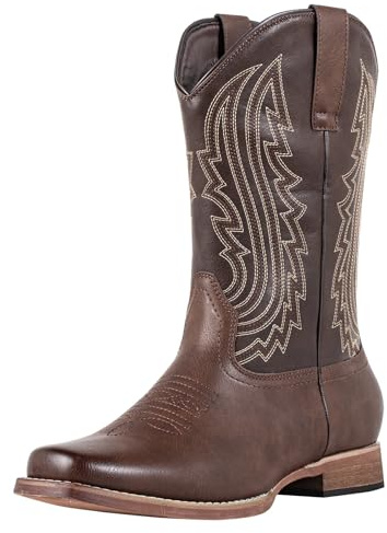 J's.o.l.e Stivali da cowboy da uomo, stile western, punta quadrata, retrò, ricamati, senza lacci, larghi, per equitazione, campagna, lavoro, marrone