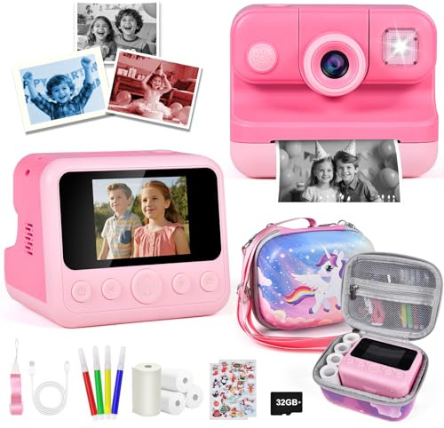 Kids Camera - 2.4'' Instant Camera for Kids with 4 Rolls Print Paper & 32GB Card, 1080P Selfie Kids Digital Cameras - Birthday Kids Toys Gifts for Girls Boys Aged 3-12 (Pink with Bag)