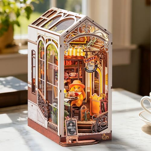 Rolife Book Nook DIY Maquette en Bois Adulte avec Lumières Café des Vacances Puzzle 3D Miniature Maison à Construire Serre-Livres Diorama Décoration Livre Bibliothèque Salon