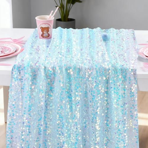 LUPATDY Tischläufer 63X300CM, Dekorative Tischbänder & Servietten, Meerjungfrau Pailletten Deko, Tischläufer Papier für Party Deko,Taufe, Kommunion, Konfirmation Hochzeit Deko, Himmelblau