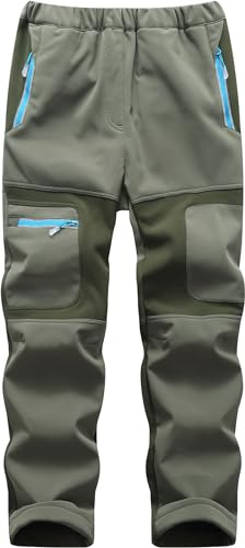 Mnking Pantalon Ski Randonnée Enfant Imperméable Hiver Chaud Doublé Polaire Softshell Thermique Pantalon de Montagne Outdoor Garçons Filles KZ6056-Armygreen-110-116