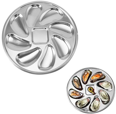 2 platos de ostras con 8 ranuras, recipiente de acero inoxidable para mariscos, plato de cena en forma de concha para ostras, sushi, postres