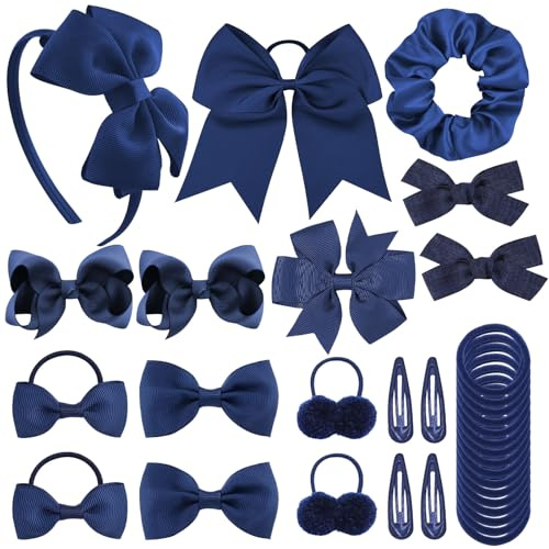 Mädchen Haarschmuck Set, 48 Pcs Elastischer Haarschmuck Set Mit Schleife, Haarnadel, Haarspangen, Gummiband, Stirnband, Band, für Mädchen für Kinder, Kleinkinder und Jugendliche(marineblau)