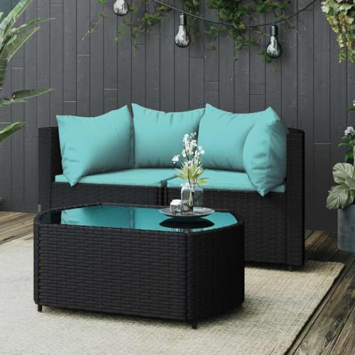Hoopleep 3-TLG. Garten-Lounge-Set, Schwarz Poly Rattan, mit Kissen Wasserblau, Modulares Sofa für Terrasse, Balkon, Außenbereich Möbel