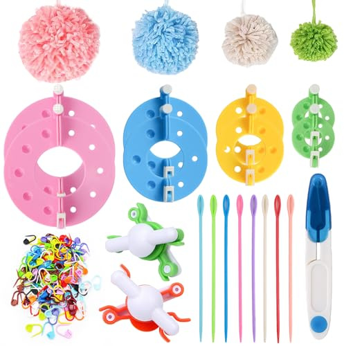10 Stück Pompom Maker Set, 4 Größen Bommel Maker, Inklusive diversen Zubehörteilen Wiederverwendbar, Geeignet zum Herstellen von Pompons, DIY-Bastelarbeiten, Hüte, Puppen und Dekorationen