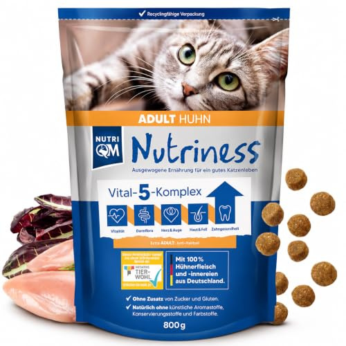 NutriQM® Nutriness Adult Katzenfutter Trocken Huhn [800 g] – Ohne Gluten & Zucker – Single Protein - Trockenfutter für ausgewachsene Katzen – Mit 46 % Huhn – Tierwohl Zertifiziert – Made in Germany
