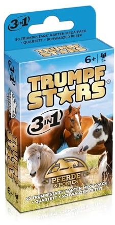 Gomazing TRUMPFSTARS Pferde und Ponys Kartenspiel 3 in 1 – Trumpf Quartett Schwarzer Peter – 50 Karten Mega Pack – Pferde Karten Spiel ab 6 Jahre – für 2 oder mehr Spieler – plastikfreie Verpackung