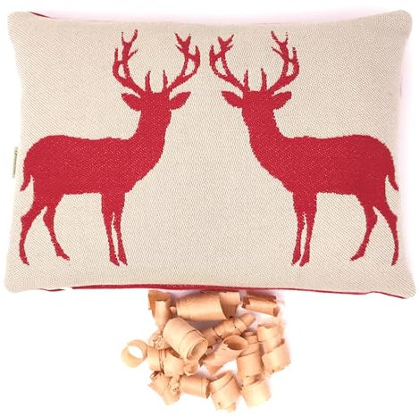 Gaidra Zirbenkissen mit Zirbenholz-späne - Jacquardgewebe aus 100% Baumwolle - Südtiroler Qualitätshandwerk - Tiroler alpiner Landhausstil - Hirsche, Rot - Beige, Doubleface - 20 x 30 cm