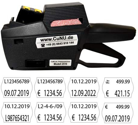 Zweizeiliger Preisauszeichner für Preise, Datum, Artikelnummern - Modell CuNU 2516 inkl. 5.500 Etiketten nach Wahl (C: inkl. 5.500 MHD-Etiketten)