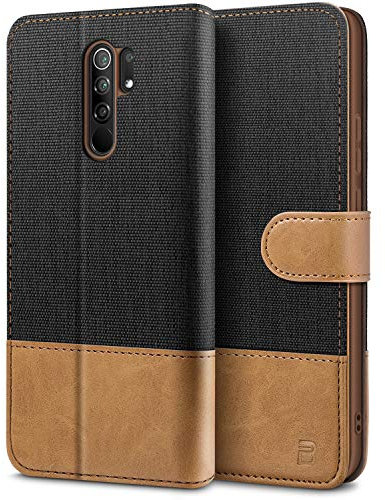 BEZ® Coque pour Redmi 9, Etui pour Xiaomi Redmi 9 Housse en Cuir de Protection, Portefeuille en Cuir Polyuréthane, Crochet, Pochette pour Monnaie, Fermeture Magnétique, Noir