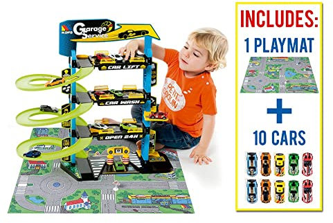 MOLTO | Parking Infantil de 4 Plantas con Accesorios, Parking Coches Juguete, Pista de Coches de Juguete, Incluye 10 Coches de Juguete y Tapiz de Juego, Juguetes Niños + 3 Años, Garaje Coches