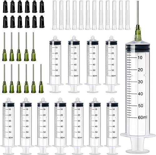 12 Spritze Kunststoff 60ml, Plastik Spritzen mit Kappe, Dosierspritze mit Nadel, Wiederverwendbare Kleine Plastikspritze für Flüssigkeitsmessung und abgabe, Industrielle, Tierfütterung
