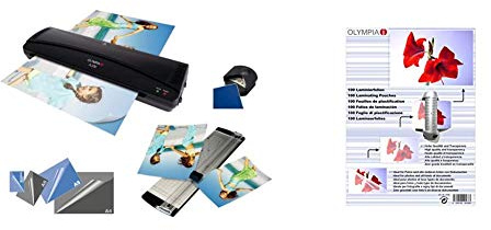 Olympia 4 in 1 Set A 230 Laminierset für A4, schwarz & Olympia 9168; Laminierfolien; DIN A6; 80 mic; 100 Stück; glänzend/transparent; geeignet für alle Heißlaminiergeräte