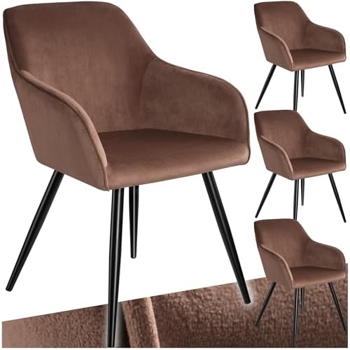 tectake® 4er Set moderner Esszimmer Stuhl, Sitzfläche aus Samt, Armlehnstuhl, Sessel Wohnzimmer, gepolsterter Office Chair mit schwarzen Metallbeinen, Schminktisch Stuhl - braun/schwarz