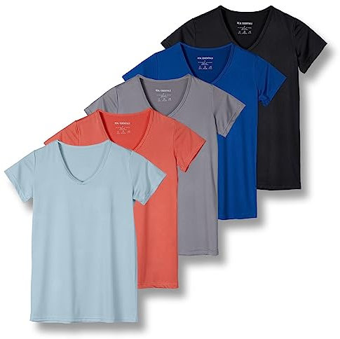 5 Pack: Womens V Neck T-Shirt Ladies Yoga Top Athletic Tees Active Wear Gym Workout Zumba Exercise Running Essentials Quick Dry Fit Dri Fit Moisture Wicking Basic Clothes - Set 10,XL