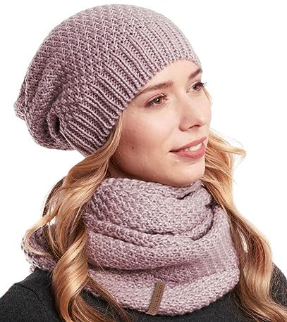 Hilltop Winter Kombi 2er Set aus Winter Schal und passender Strickmütze, Winter Set:Mauve