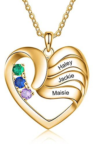 ALBERTBAND Personalisierte Mutter Name Herz Halskette 2/3/4/5 Simulierte Birthstones 925 Sterling Silber Mutter Kind Halskette für Ehefrau Mutter (Gold-3steine)