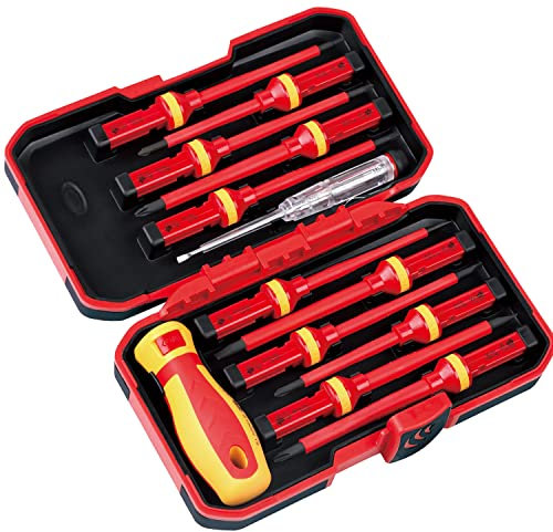 BRIMIX 13 PCS JUEGO DE DESTORNILLADORES AISLADOS 1000V VDE Y BUSCAPOLO. ELECTRICISTA, PUNTA MAGNETICA, HOJAS INTERCAMBIABLES Y ESTUCHE ORGANIZADOR