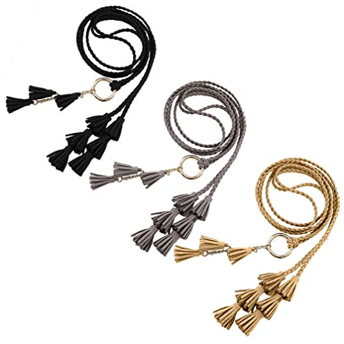 Femmes Filles PU Cuir Ceinture Ceinture Chaîne Skinny Corde avec Double Tassel pour Robe Jupe, 1 noir+1 gris+1 kaki, réglable