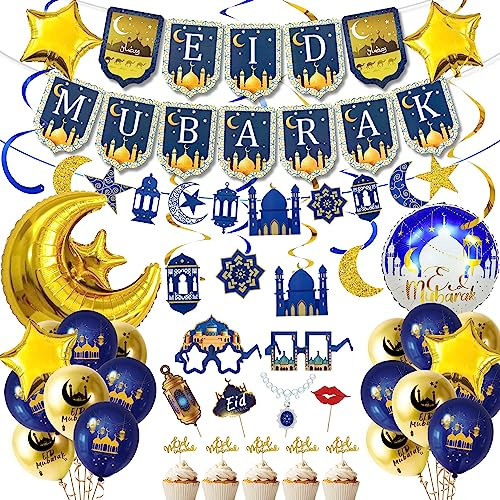 iZoeL Eid Deko Set Eid Mubarak Dekoration Girlande Luftballons Eid Mubarak Cake Topper Foto Requisiten Mond-Sterne Folienballon