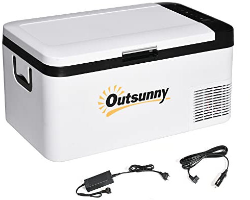 Outsunny Nevera Portátil Eléctrica 18L 12/24V hasta -20℃ Nevera y Congelador de Compresor para Coche con Luz LED y Asas Plegables Bajo Consumo Energético para Hogar Camping 58,5x33,5x29,2 cm Blanco