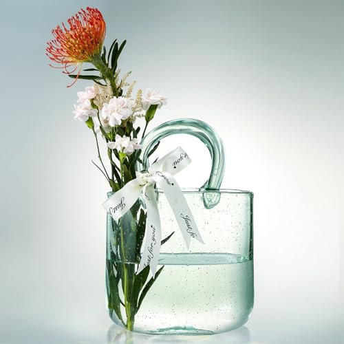 Glasvase, Geldbörsenvase mit Fischschale, Handtaschenform, Blumenvase – für Heimdekoration, Unterstück, Events, Büro, Garten, Hochzeit (Türkis)