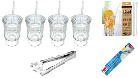 James Premium Trinkglas (mit Deckel Insektenschutz) mit Glashalm plus Eiswürfel+ Eiszange