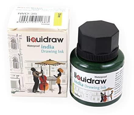 Liquidraw Coloured Drawing India Ink, Olive - 35ml | Artist Supply, Non-Fade, Waterproof, Lightfast & Permanent, Pens & Brushes, Use on Paper Board, Canvas, Fabric & Wood