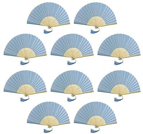 FANSOF.FANS Pack of 10 Fabric Handheld Fan with a Tassel Grade A Bamboo Ribs Party wedding Favour (Pale Light Blue)