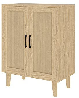 Panana Buffet Storage Cabinet with Rattan Decorating Living Room Wood Kitchen Sideboard Accent Cabinet (69(W) x 38(D) x 88(H) cm, Natural Wood)