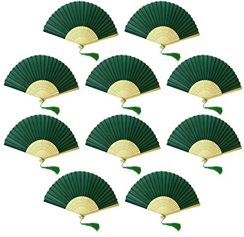 FANSOF.FANS Pack of 10 Fabric Handheld Fan with a Tassel Grade A Bamboo Ribs Party wedding Favour (Emerald Green)