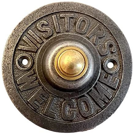 Cast Iron Traditional Round Doorbell Push Button | Visitors Welcome |8.5cm Diameter | Brass Push Button with cast Iron Surround | Vintage Style Door Bell Push