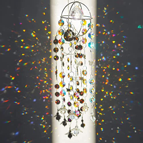 H&D HYALINE & DORA Kristall Windspiel Sonnenfänger mit Glasprismen, Perlenkette hängender Engel Sonnenfänger für Fenster, Regenbogenmacher Aura Prisma Glas Kristall Sonnenfänger für