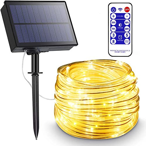 SUAVER Solar Lichterkette Außen, wasserdichte 10M 100LED Lichtschlauch mit Fernbedienung Timer LED Streifen Dimmbare Solar Tube Licht Decor String Licht Solarleuchten für Garten (Warmweiß)