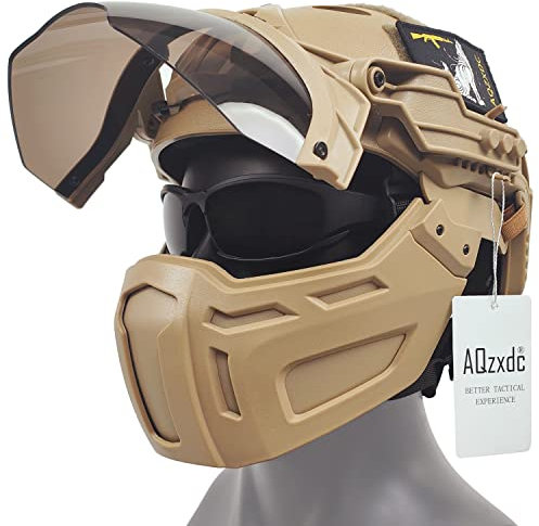 AQ zxdc Casco tattico per softair con maschera e visiera, attrezzatura protettiva integrale per softair, per giochi di tiro CS CQB (TAN)
