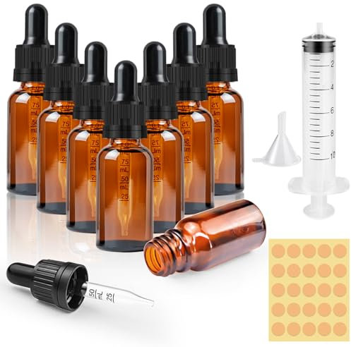 CoKeeSun 8 Stück 10ml Glasflasche mit Pipette, Wiederverwendbar Pipettenflasche, Braunglasflasche Apothekerflasche mit Trichter, Spritze, Etikett für Ätherische Öle Aromatherapie-Düfte