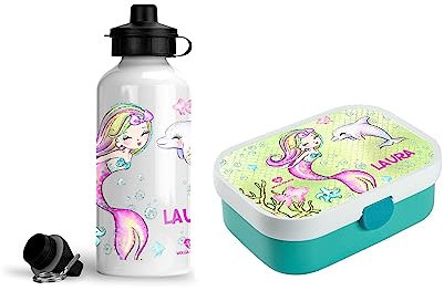 wolga-kreativ Set personalisierte Mepal Campus Lunchbox und Wasserflasche Pausenset für Mädchen Meerjungfrau Delfin Lunchbox mit Fächern und Unterteilung für Schule und Kindergarten