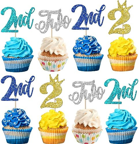 24 Stück 2nd Geburtstag Cupcake Toppers Glitzer Zweite Geburtstag Tortendeko Two Kuchen Deko mit Crown Happy Birthday Kuchen Dekorationen für Baby Dusche Jahrestag Party Neu Buntes
