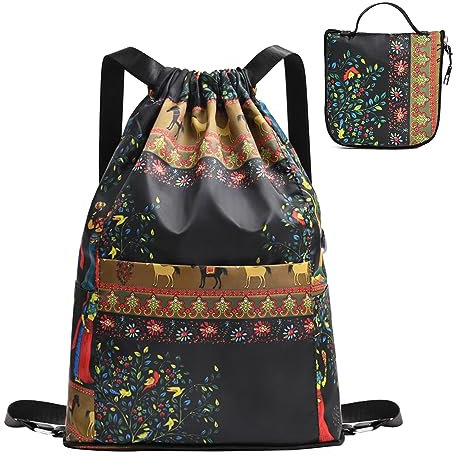 Yeria Plegable Bolsas de Cuerdas Mujer Hombre Mochila Cuerdas Impermeable Saco de Gimnasia con Compartimento de Bolsillo Ligera Mochila de Playa para Senderismo Natacion Fitness Baloncesto (C)