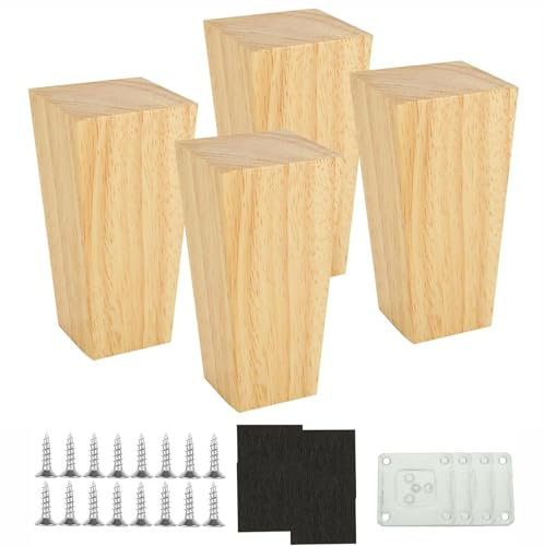LOLYSIC 4 Stück 10cm Möbelfüße Holz, quadratische Tischbeine Holz für Sofa, Bett, Schrank, Stuhl und Tisch, mit Schrauben und Montageplatten für stabile Unterstützung