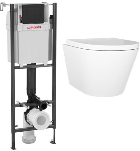 Newport Wall Hung Toilet with Slim Soft Close Seat Frame Cistern and Black Flush