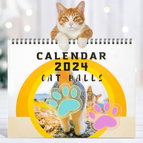 Allony Cat Balls Kalender 2024, lustiger Katzenkalender 2024 UK, Katzenkalender 2024, 12 verschiedene Katzenkontüre, Wandkalender, Männer und Katzenliebhaber, humorvolle lustige Geschenke (weiß)