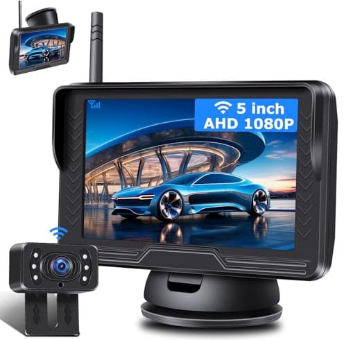 【Stabiles Bild】AHD 1080P Rückfahrkamera Kabellos, Rückfahrkamera Funk mit 5 Zoll Rückfahrkamera mit Monitor 6 LED Drahtlose Rückfahrkamera Auto Super Nachtsicht 170° Weitwinkel für DC 12V Auto SUV LKW