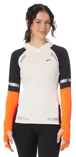 Brooks Damen Run Visible Notch Thermal Hoodie 2.0, Ecru/Fluoro Flash/Schwarz, M