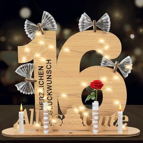 16 Geburtstag Mädchen Junge, Geldgeschenke Geburtstag 16 Alles Gute zum mit LED Lichterkette Ständer,Holz Geburtstags-Gästebuch 16.Geburtstag Deko,Coole Geschenkideen zum 16.Geburtstag Tischdeko.